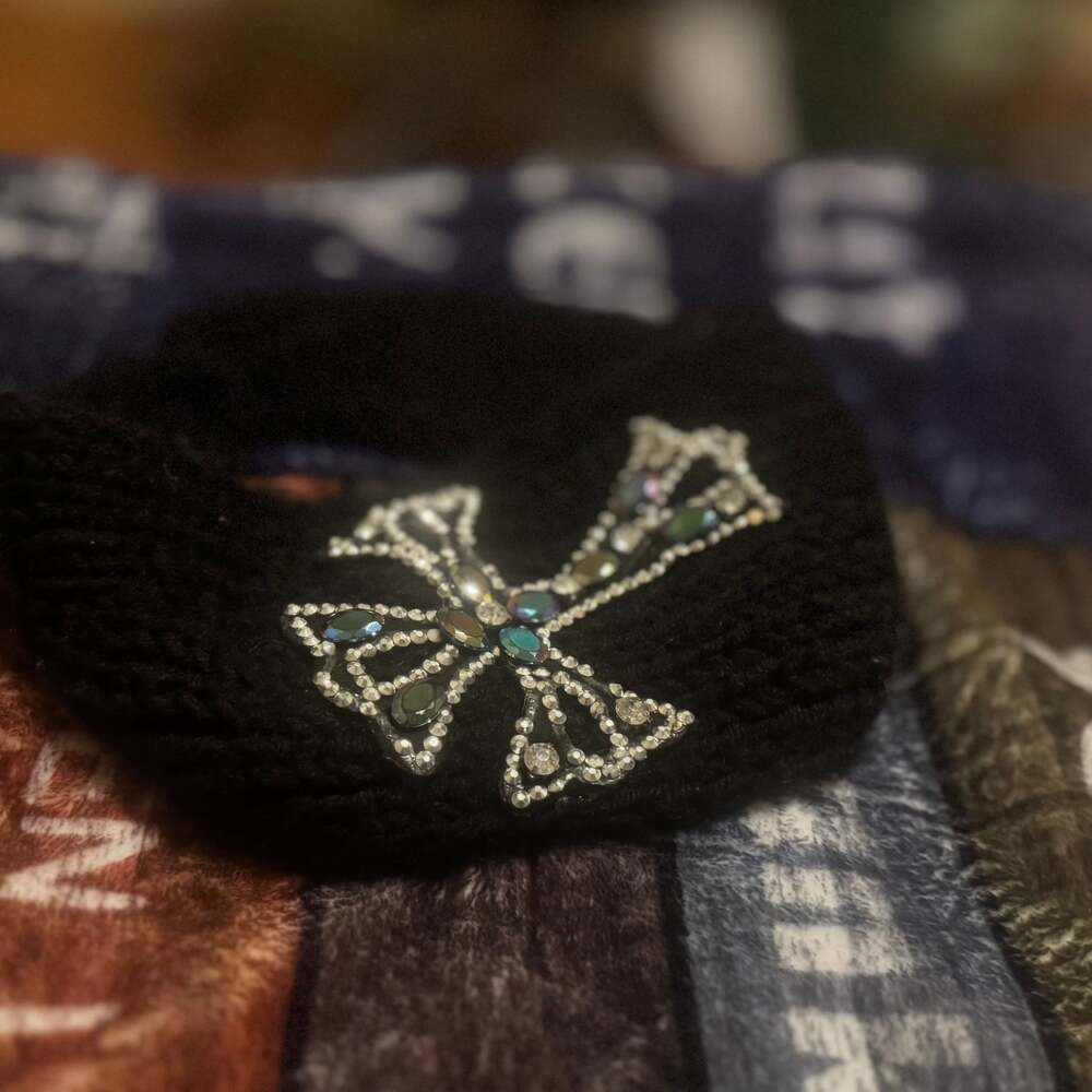 Black Knitted Ear Warmer Headband with Rhinestone Cross and Button Closure